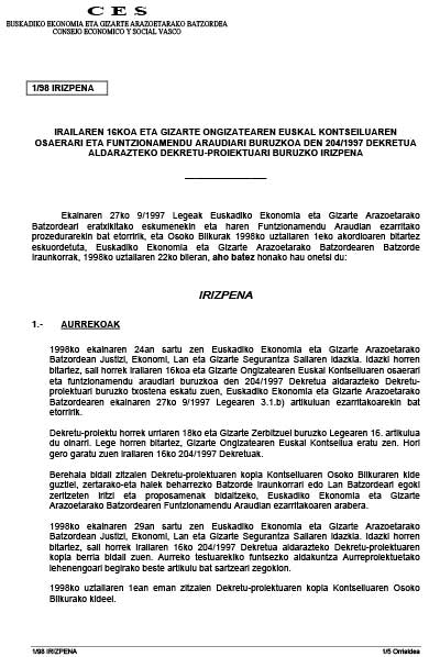 1998. Urtea. 1/98 Irizpena Gizarte Ongizatearen Euskal Kontseiluari buruzkoa