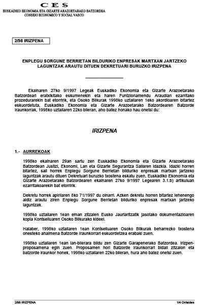 1998. Urtea. 2/98 Irizpena enplegu sorgune berriei buruzkoa