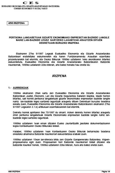 1998. Urtea. 4/98 Irizpena langabetuak enpresetan bazkide langile nahiz lan-bazkide legez sartzeko laguntzei buruzkoa