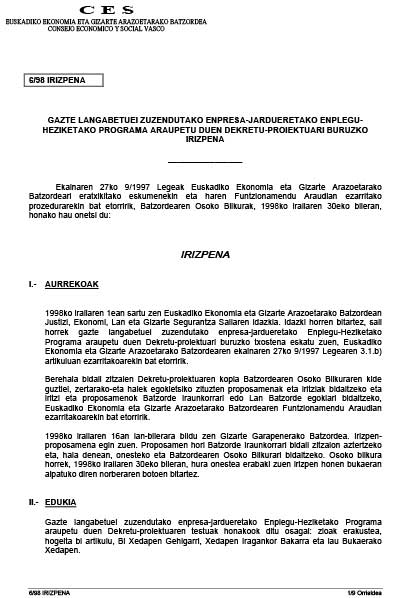1998. Urtea. 6/98 Irizpena enplegu-heziketako programari buruzkoa