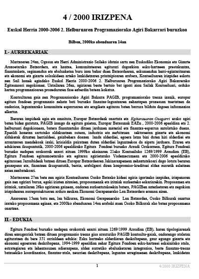 4/00 Irizpena Euskal Herria 2000-2006 2. Helburuaren Programaziorako Agiri Bakarrari buruzkoa