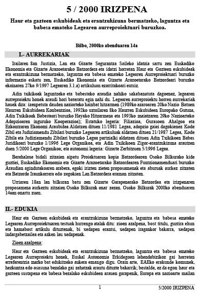 5/00 Irizpena Haur eta gazteen eskubideak eta erantzukizuna bermatzeko, laguntza eta babesa emateko Legearen aurreproiektuari buruzkoa