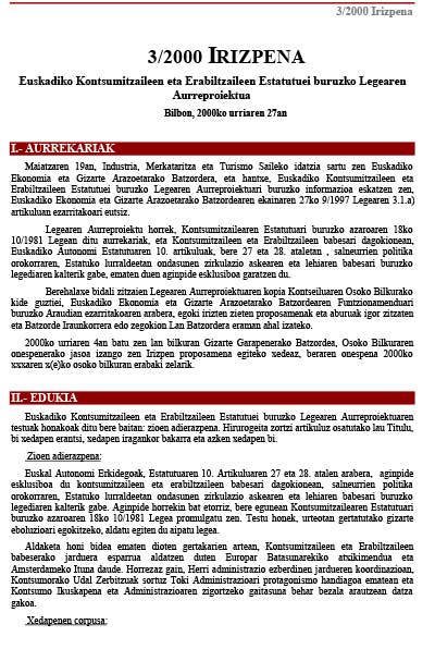 3/00 Irizpena Euskadiko Kontsumitzaileen eta Erabiltzaileen Estatutuei buruzko Legearen Aurreproiektua