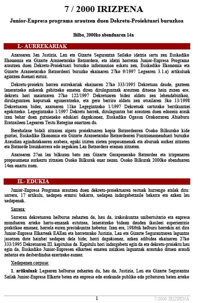 7/00 Irizpena Junior-Enpresa programa arautzen duen Dekretu-Proiektuari buruzkoa
