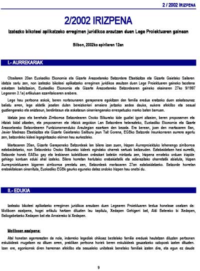 2/02 irizpena, Izatezko bikoteei aplikatzeko erregimen juridikoa arautzen duen Lege Proiektuaren gainean