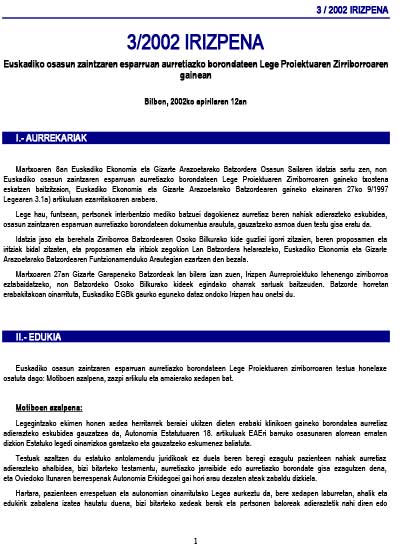 3/02 irizpena, Euskadiko osasun zaintzaren esparruan aurretiazko borondateen Lege Proiektuaren Zirriborroaren gainean