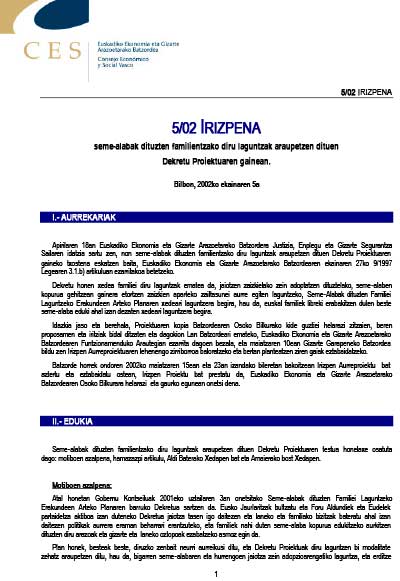 5/02 irizpena seme-alabak dituzten familientzako diru laguntzak araupetzen dituen Dekretu Proiektuaren gainean