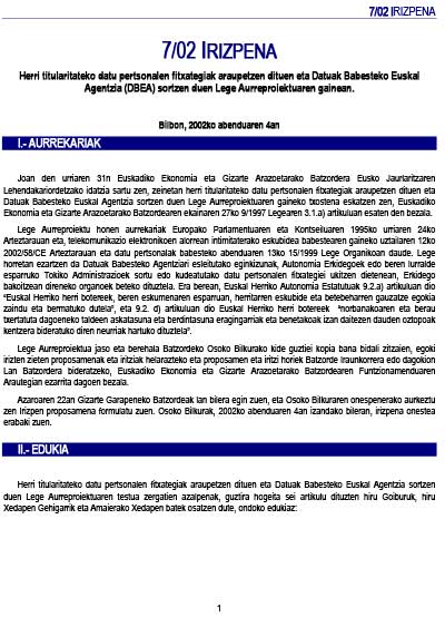 7/02 irizpena, Herri titularitateko datu pertsonalen fitxategiak araupetzen dituen eta Datuak Babesteko Euskal Agentzia (DBEA) sortzen duen Lege Aurreproiektuaren gainean