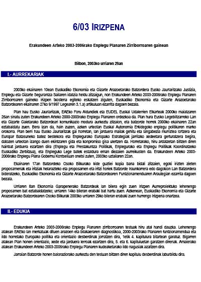 6/03 irizpena, Erakundeen Arteko 2003-2006rako Enplegu Planaren Zirriborroaren gainean