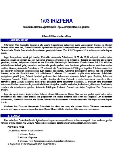 1/03 irizpena, Euskadiko Garraio Agintaritzako Lege Aurreproiektuaren gainean