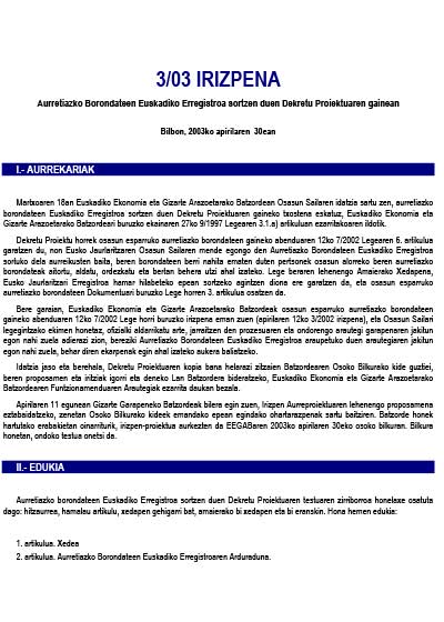 3/03 irizpena, aurretiazko Borondateen Euskadiko Erregistroa sortzen duen Dekretu Proiektuaren gainean