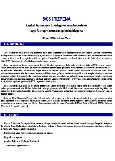 5/03 irizpena, Euskal Autonomia Erkidegoko lurra babesteko Lege Aurreproiektuaren gaineko Irizpena
