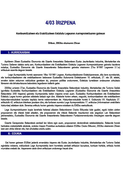 4/03 irizpena, Kontsumitzaileen eta Erabiltzaileen Estatutu Legearen Aurreproiektuaren gainean