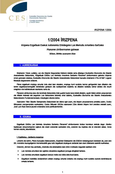 1/04 irizpena, Ezgaituak Euskal Autonomia Erkidegoko Lan Merkatu Arruntera Sartzeko Planaren zirriborroaren gainean