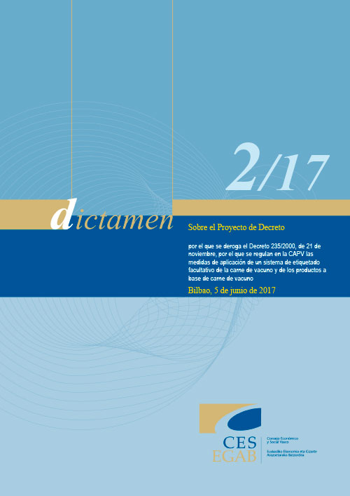 Dictamen 2/17 sobre el Proyecto de Decreto por el que se deroga el Decreto 235/2000, de 21 de noviembre, por el que se regulan en la CAPV las medidas de aplicación de un sistema de etiquetado facultativo de la carne de vacuno y de los productos a base de carne de vacuno