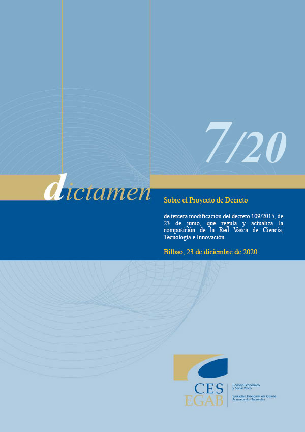 Dictamen 7/20 sobre el Proyecto de Decreto de tercera modificación del decreto 109/2015, de 23 de junio, que regula y actualiza la composición de la Red Vasca de Ciencia, Tecnología e Innovación