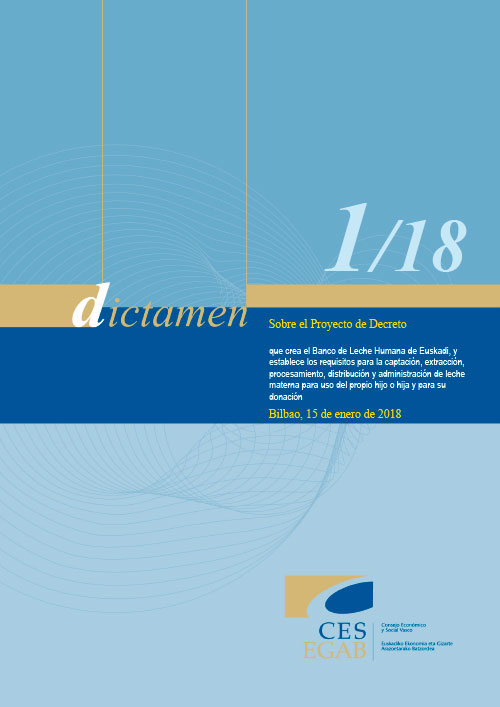 Dictamen 1/18 sobre el Proyecto de Decreto que crea el Banco de Leche Humana de Euskadi, y establece los requisitos para la captación, extracción, procesamiento, distribución y administración de leche