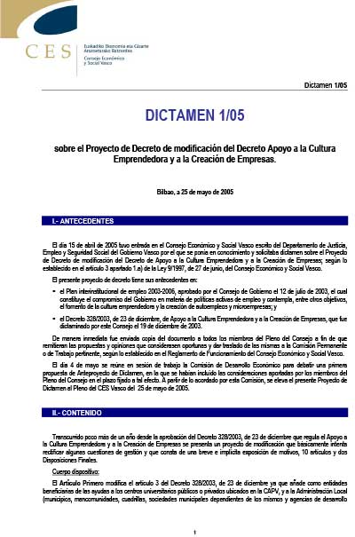 Año 2005 Dictamen 1/05 sobre el Proyecto de Decreto de modificación del Decreto Apoyo a la Cultura Emprendedora y a la Creación de Empresas