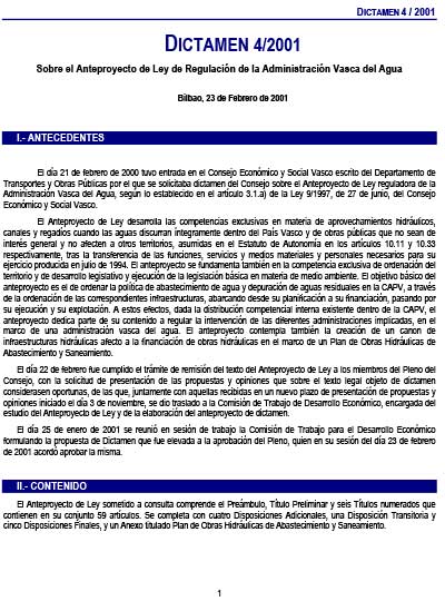 Año 2001 Dictamen 4/01 sobre el Anteproyecto de Ley de Regulación de la Administración Vasca del Agua